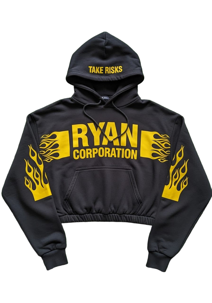 Black Cropped Hoodie with Yellow Graphics