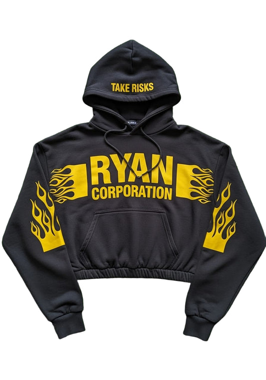 Black Cropped Hoodie with Yellow Graphics