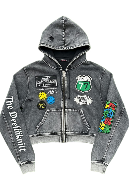 Black Zip-Up Hoodie with Patches
