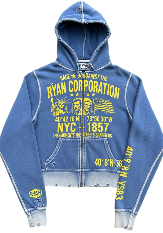 Blue Distressed Zip Hoodie – Rage Against the Ryan Corporation