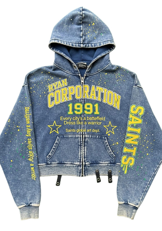 Oversized Acid-Wash Blue Zip Hoodie Ryan Corporation 1991