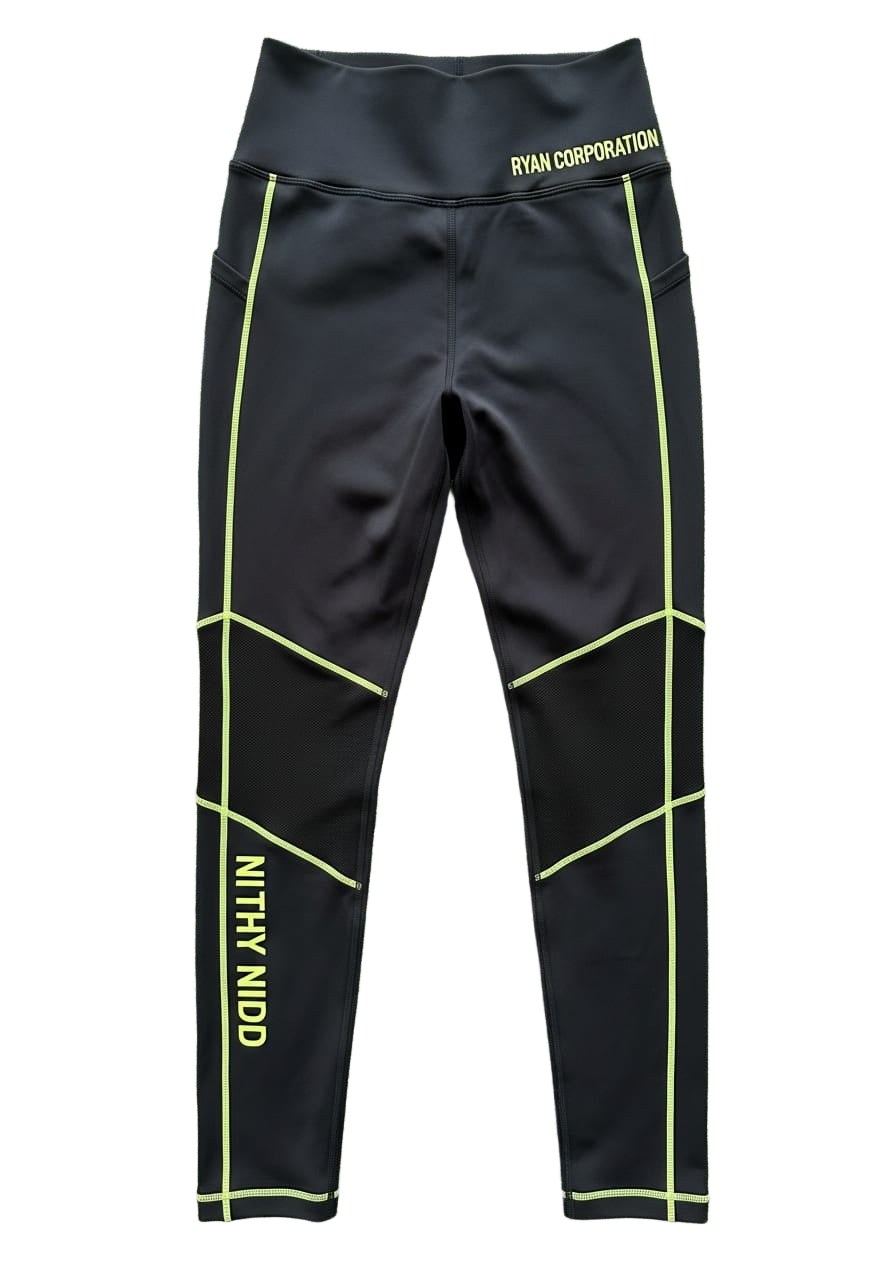 Black High Waist Women's Athletic Leggings with Neon Yellow Green Accents