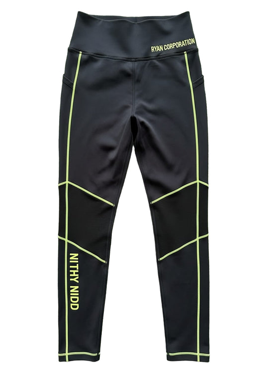 Black High Waist Women's Athletic Leggings with Neon Yellow Green Accents