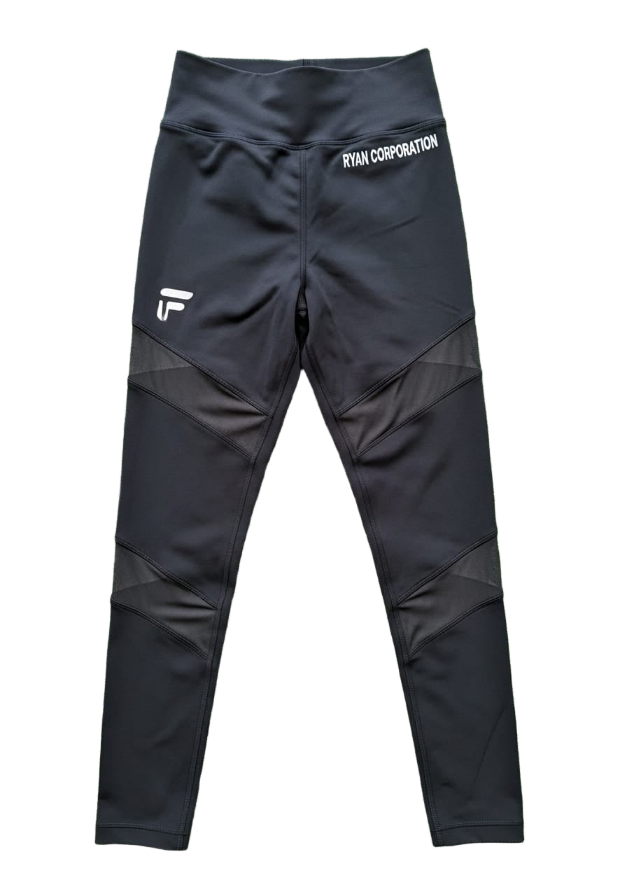 Black Athletic Leggings with Mesh Bands and White Graphic