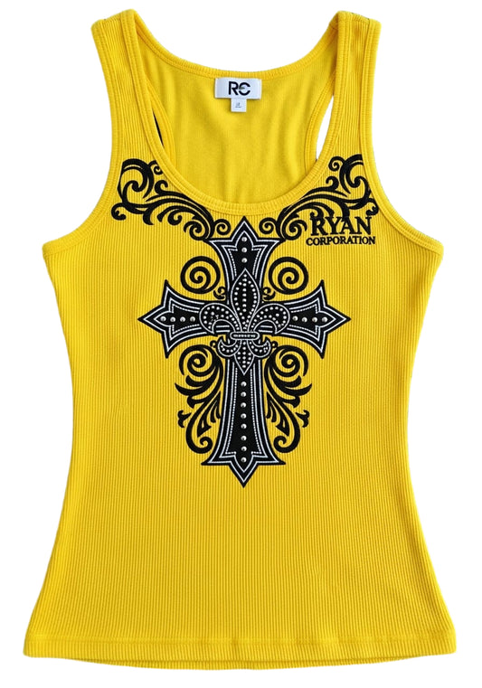 Yellow Ribbed Tank Top – Ornate Cross Design