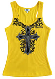 Yellow Ribbed Tank Top – Ornate Cross Design