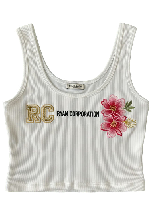 White Ribbed Sleeveless Crop Top – PR Floral Embroidery