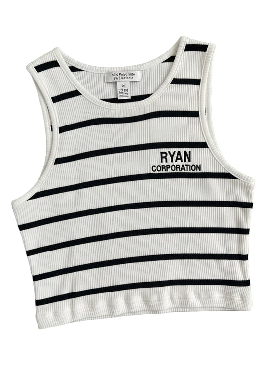 White Ribbed Sleeveless Crop Top with Black Stripes – Ryan Corporation