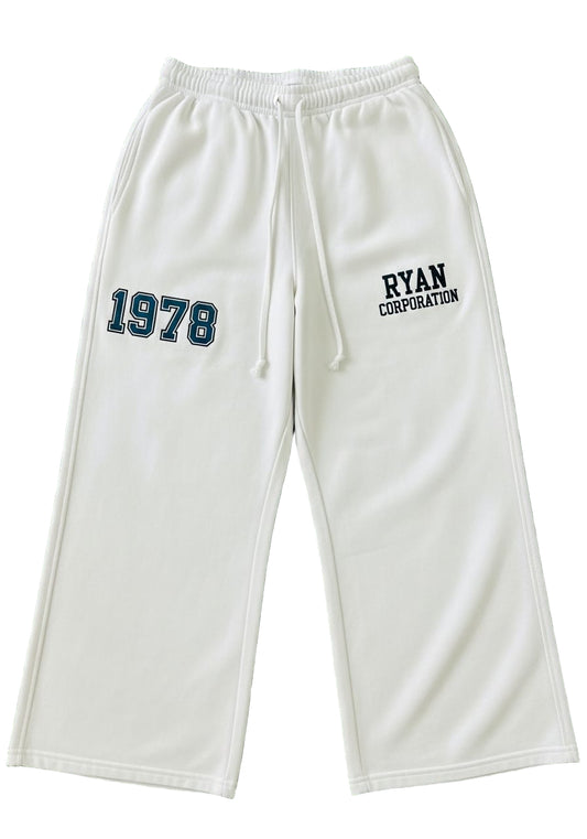 White Wide Leg Sweatpants with Drawstring and Embroidery