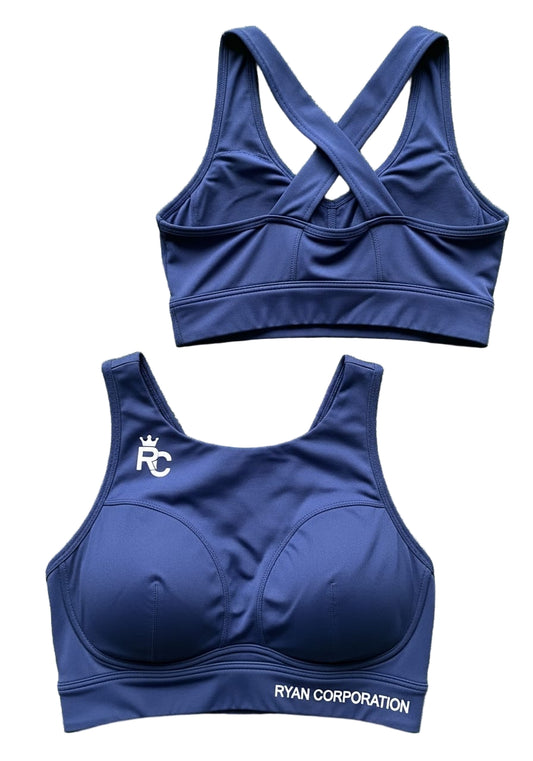 Dark Blue Cross-Back Sports Bra with Logo