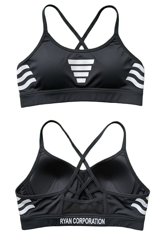 Black Criss-Cross Strap Sports Bra with White Accents