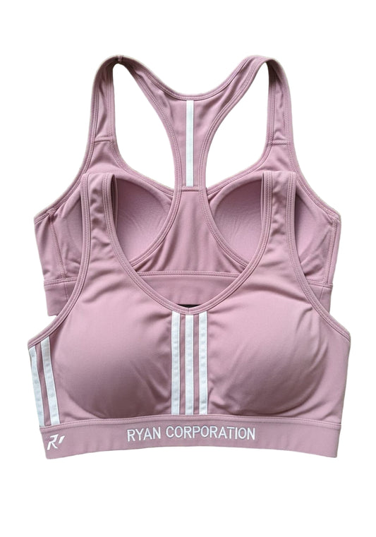 Beige Sports Bra with Pink Straps