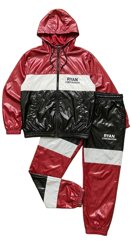 Two-Piece PVC Color-Block Tracksuit Hooded Jacket & Pants