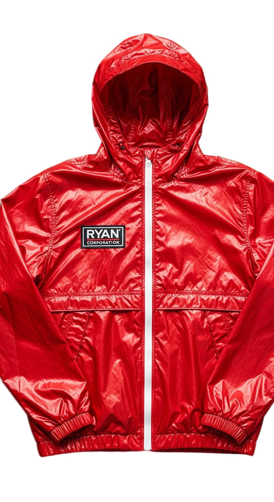 Shiny Red Hooded Jacket  Lightweight Glossy Material | Ryan Corporation