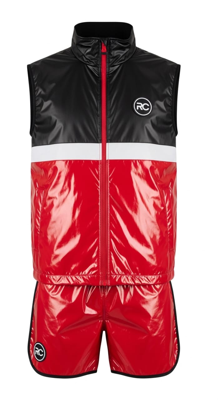 Two-Toned Sleeveless Jacket & Shiny Red Shorts Set