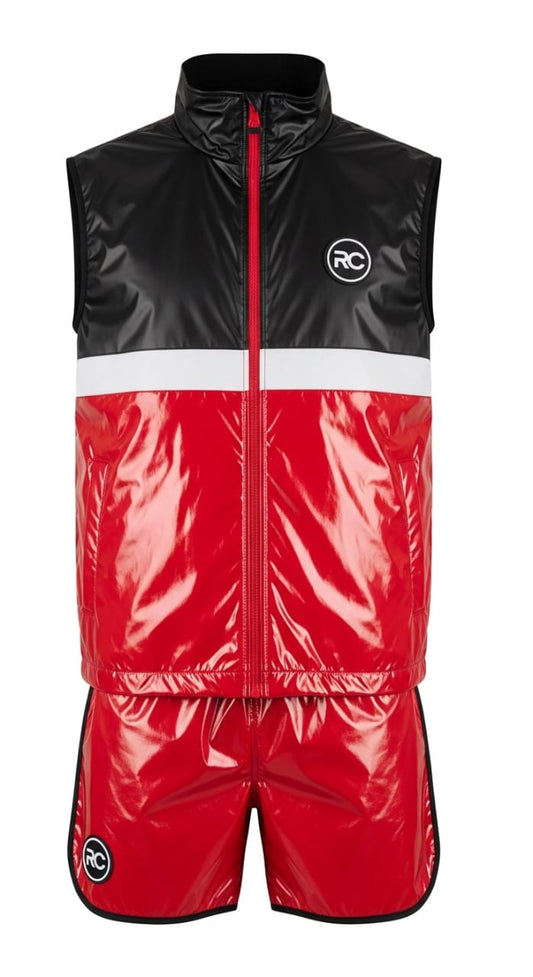 Two-Toned Sleeveless Jacket & Shiny Red Shorts Set