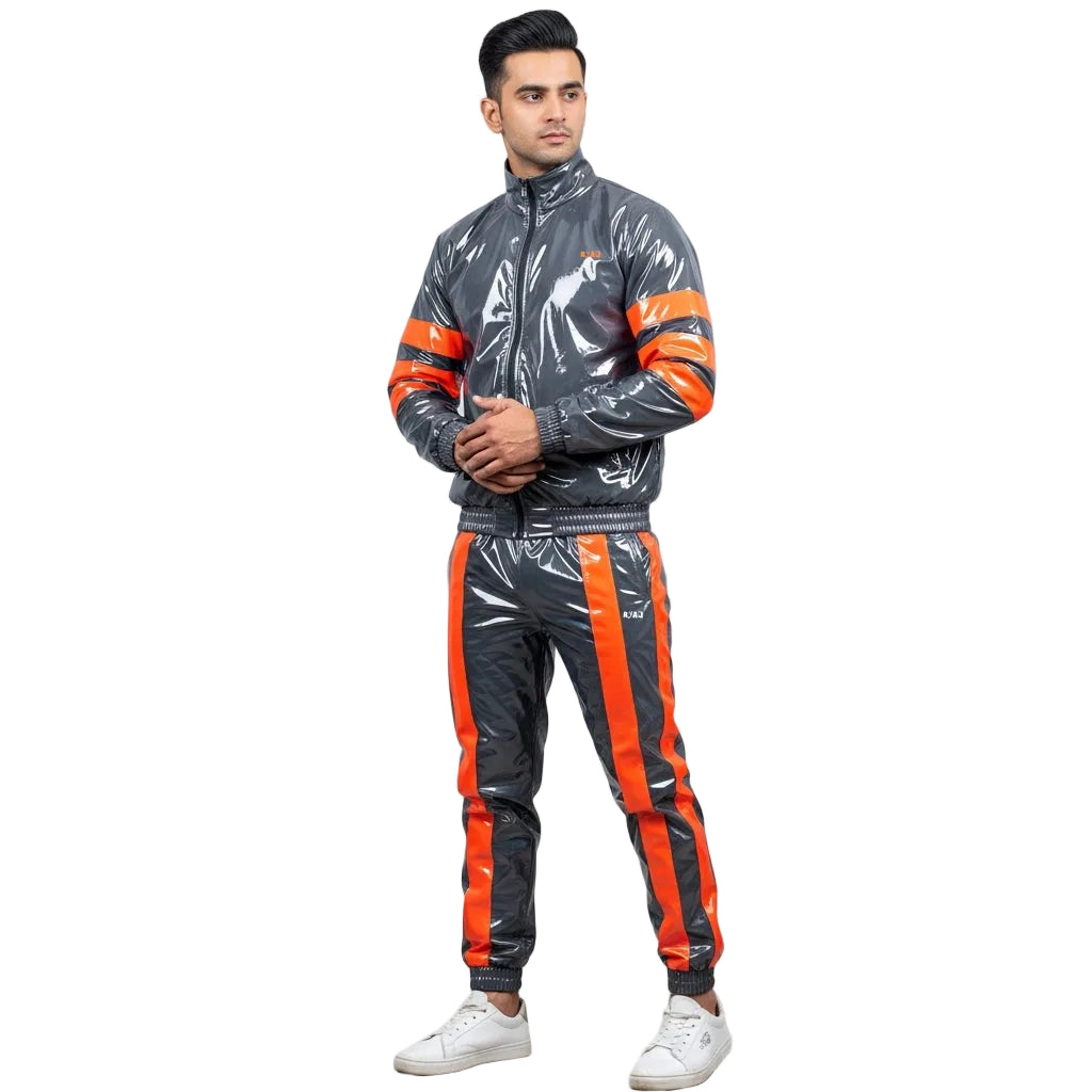 Dark Grey PVC Tracksuit with Orange Stripes Modern Athletic Style