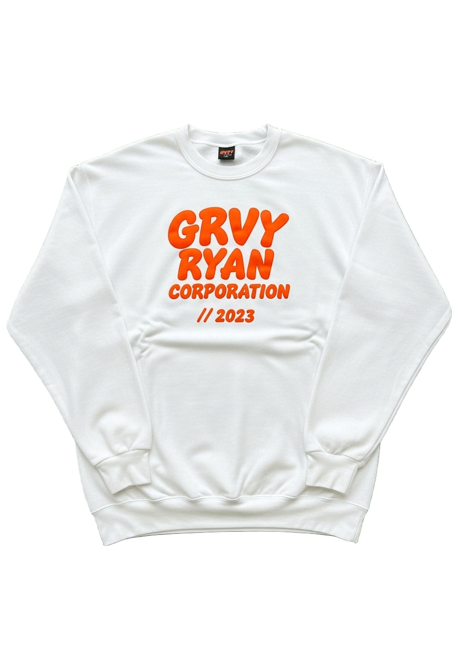 White Long-Sleeved Crewneck Sweatshirt with Bold Orange "GRVY RYAN CORPORATION