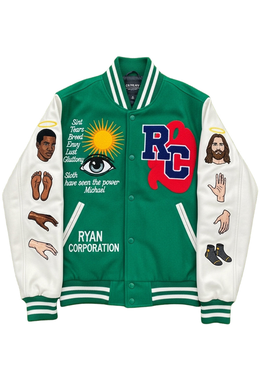 Green & White "Sin &amp; Spirit" Varsity Jacket