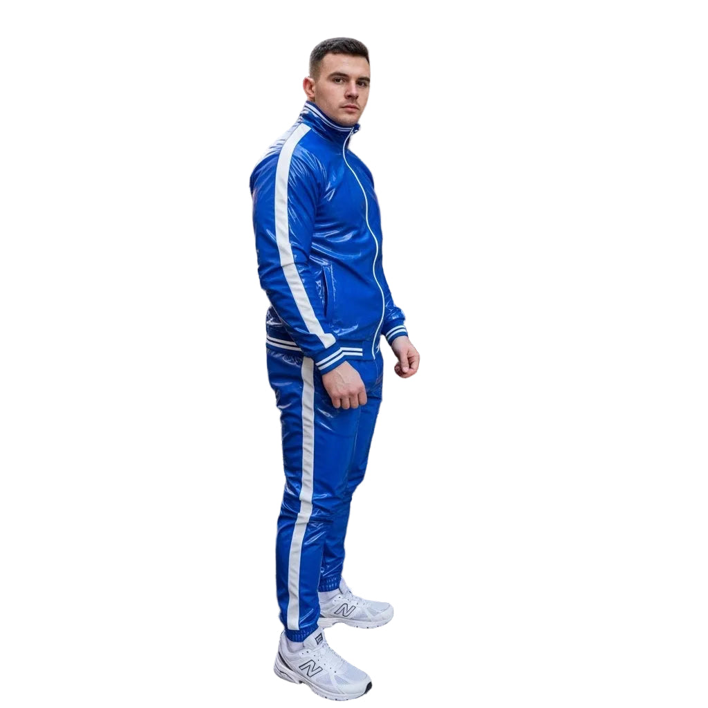 Cobalt Blue PVC Tracksuit with White Stripes  Winter Street Style