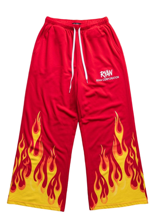 Red Flame Graphic Wide-Leg Sweatpants  Streetwear Heat