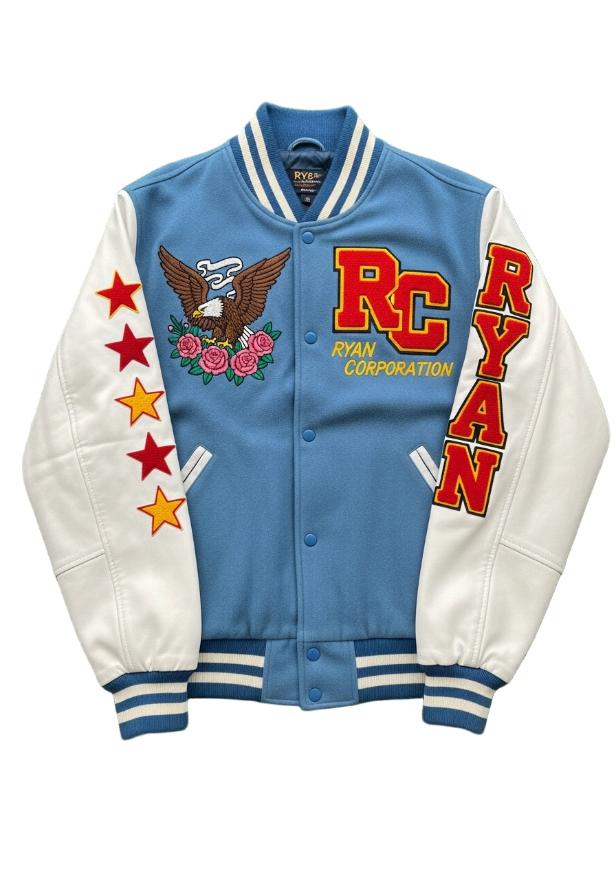 Sky Blue Varsity Jacket with Eagle & Rose Embroidery