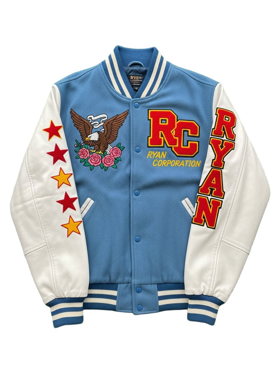 Sky Blue Varsity Jacket with Eagle & Rose Embroidery