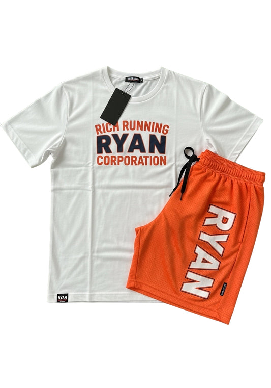 RICH RUNNING" Tee &amp; Mesh Shorts Set  White &amp; Orange