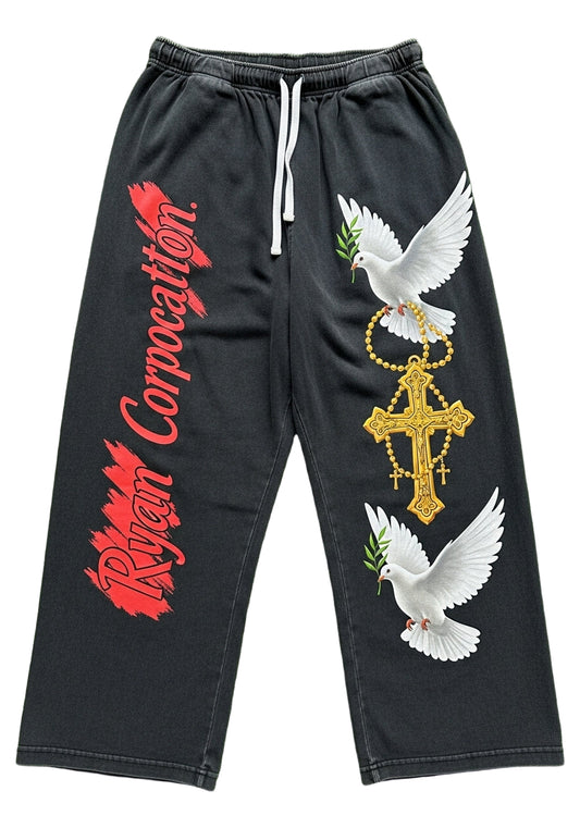 Black Baggy Denim Pants with Religious &amp; Script Graphics