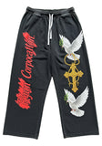 Black Baggy Denim Pants with Religious &amp; Script Graphics