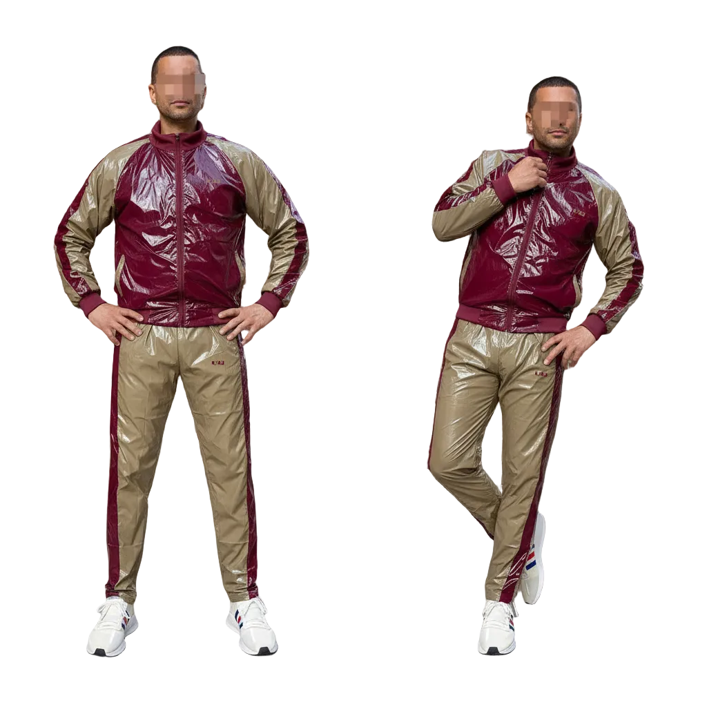 Two-Tone PU Nylon Tracksuit – Burgundy &amp; Taupe Glossy Street Style