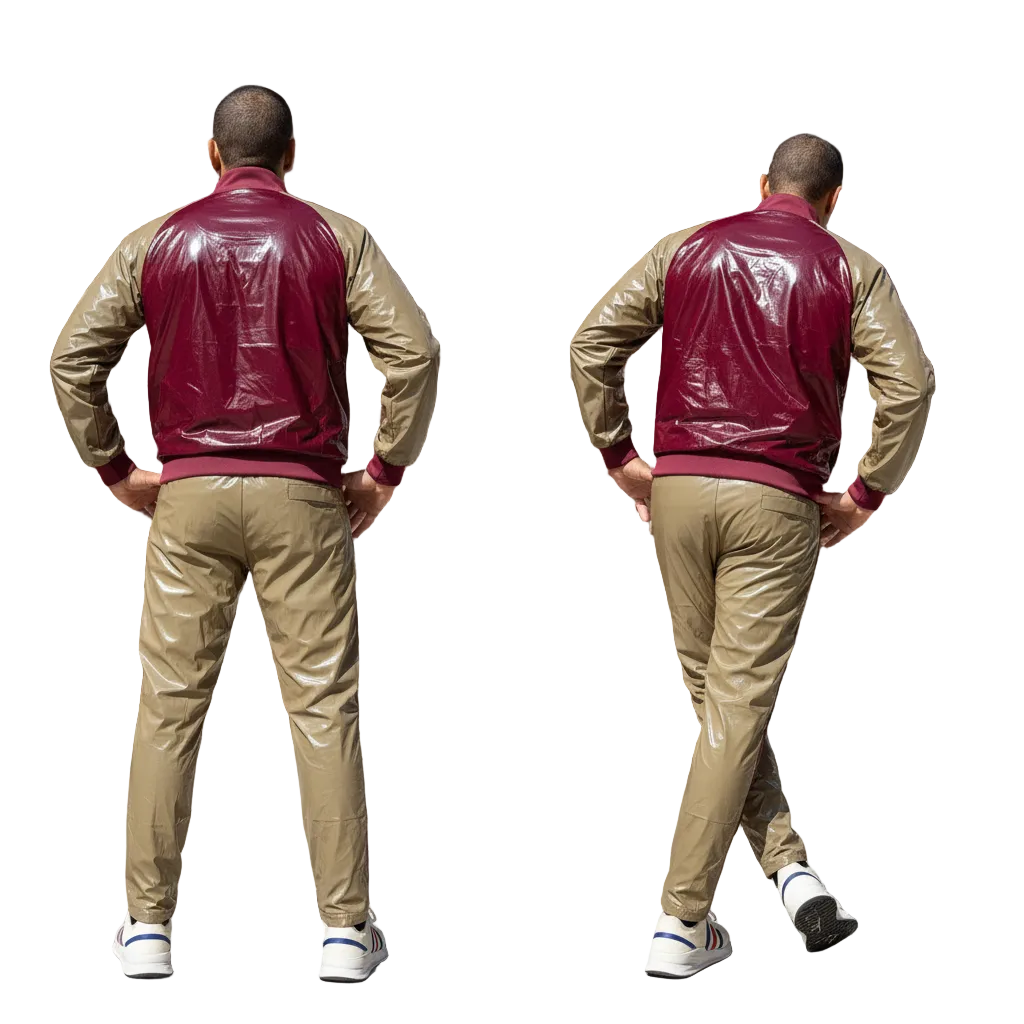 Two-Tone PU Nylon Tracksuit – Burgundy &amp; Taupe Glossy Street Style