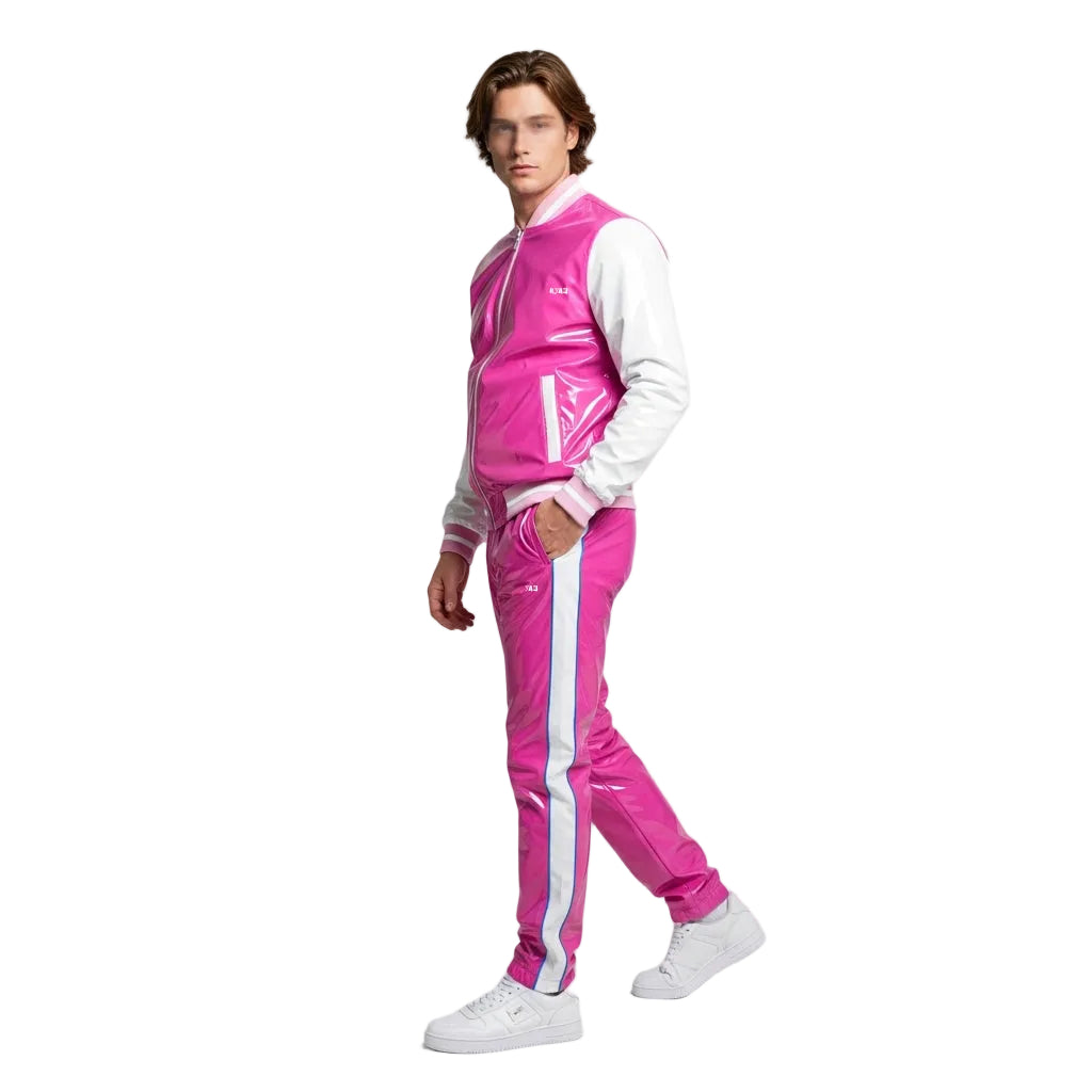 Pink Translucent Tracksuit with Contrast Sleeves – Modern Streetwear Style