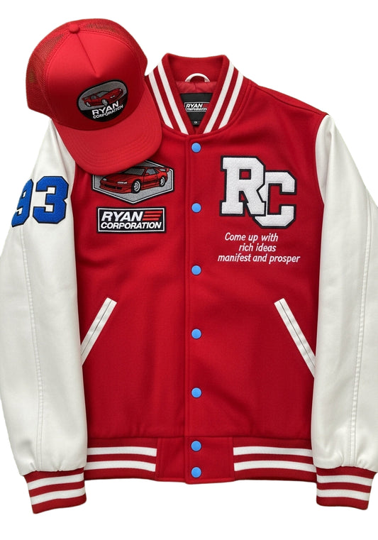 Red & White “RC Racing” Varsity Jacket + Cap Set