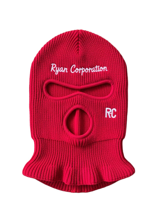 Red Knit Balaclava Embroidered Script &amp; Symbol