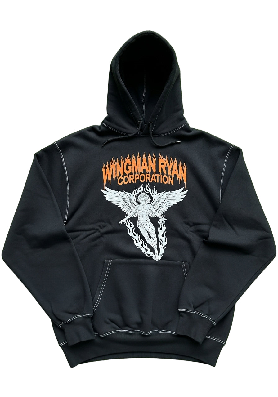 Black Hoodie with Winged Angel &amp; Fiery "WINGMAN" Graphic