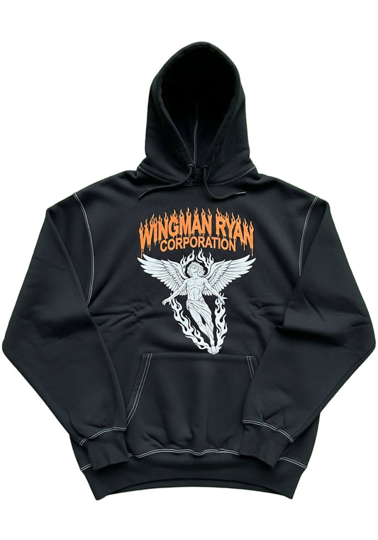 Black Hoodie with Winged Angel &amp; Fiery "WINGMAN" Graphic