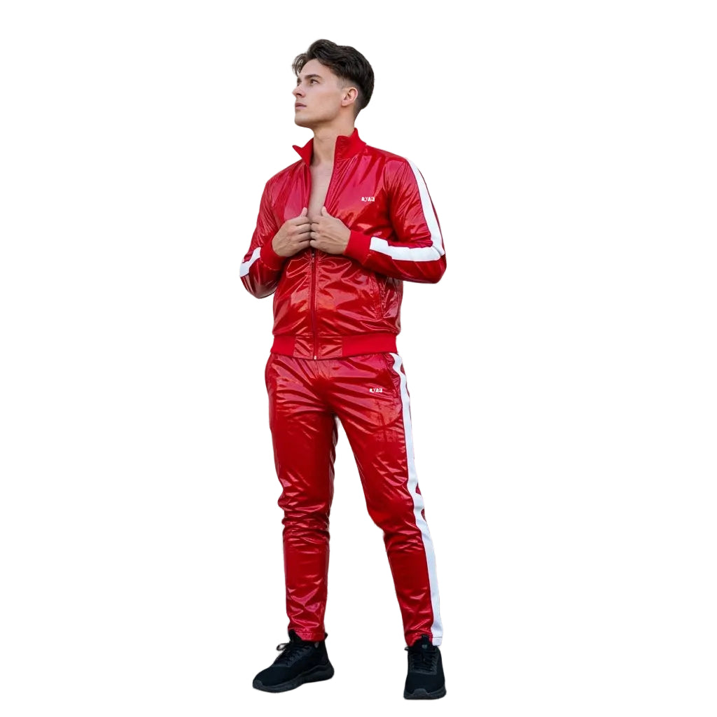 Glossy Red Vinyl Tracksuit with White Stripes Urban Street Style