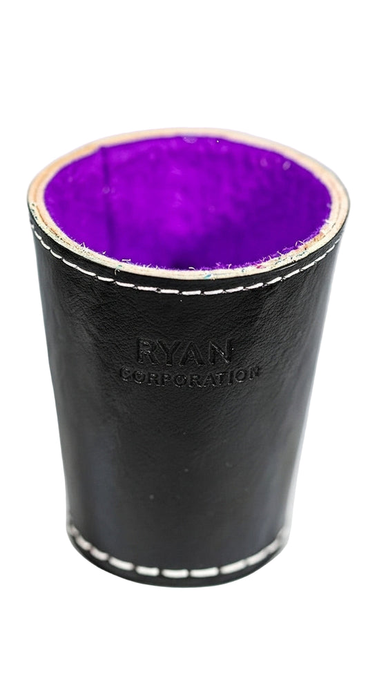 Black Leather Dice Cup with Purple Felt Interior Embossed Ryan Corporation