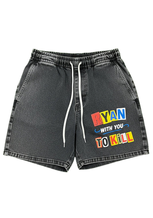 Black Stone-Washed Shorts with Ransom Note Graphic