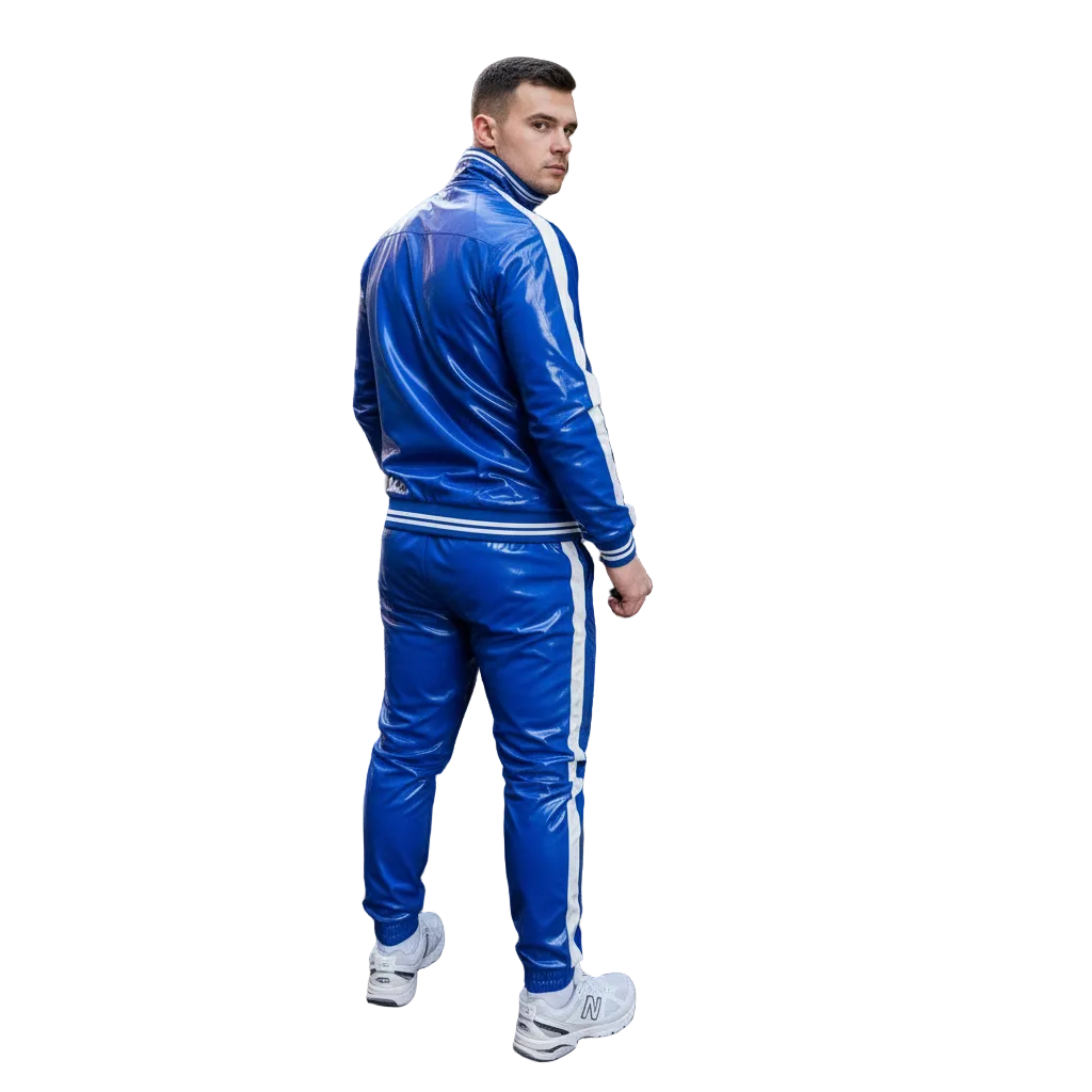 Cobalt Blue PVC Tracksuit with White Stripes  Winter Street Style