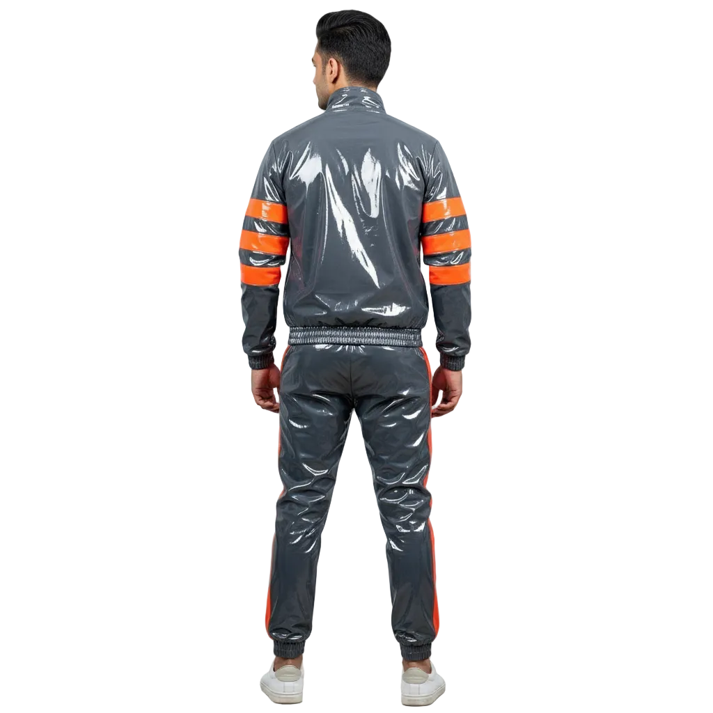 Dark Grey PVC Tracksuit with Orange Stripes Modern Athletic Style