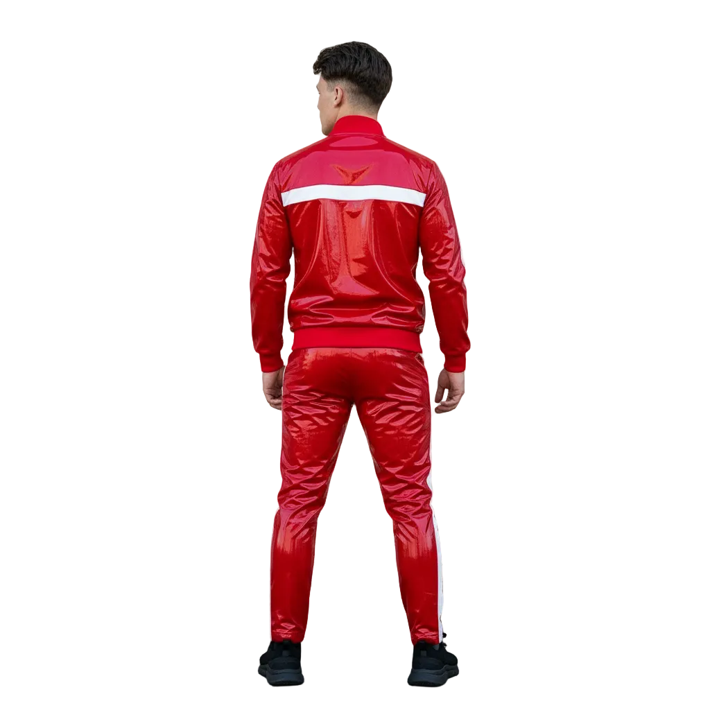 Glossy Red Vinyl Tracksuit with White Stripes Urban Street Style