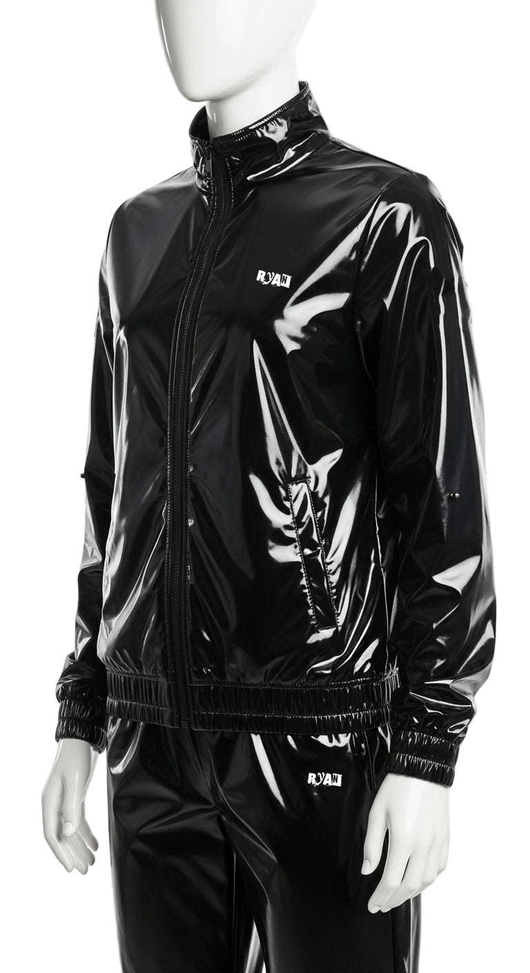 Classic Nylon Tracksuit Jacket Black Crew Neck, Hoodless Design