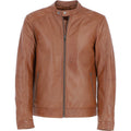 Men’s Tan Leather Biker Jacket Mandarin Collar