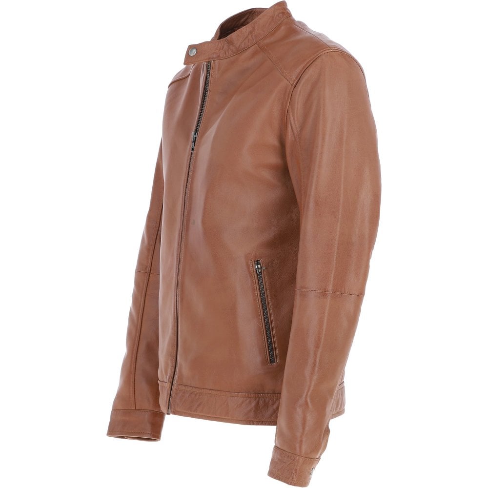 Men’s Tan Leather Biker Jacket Mandarin Collar