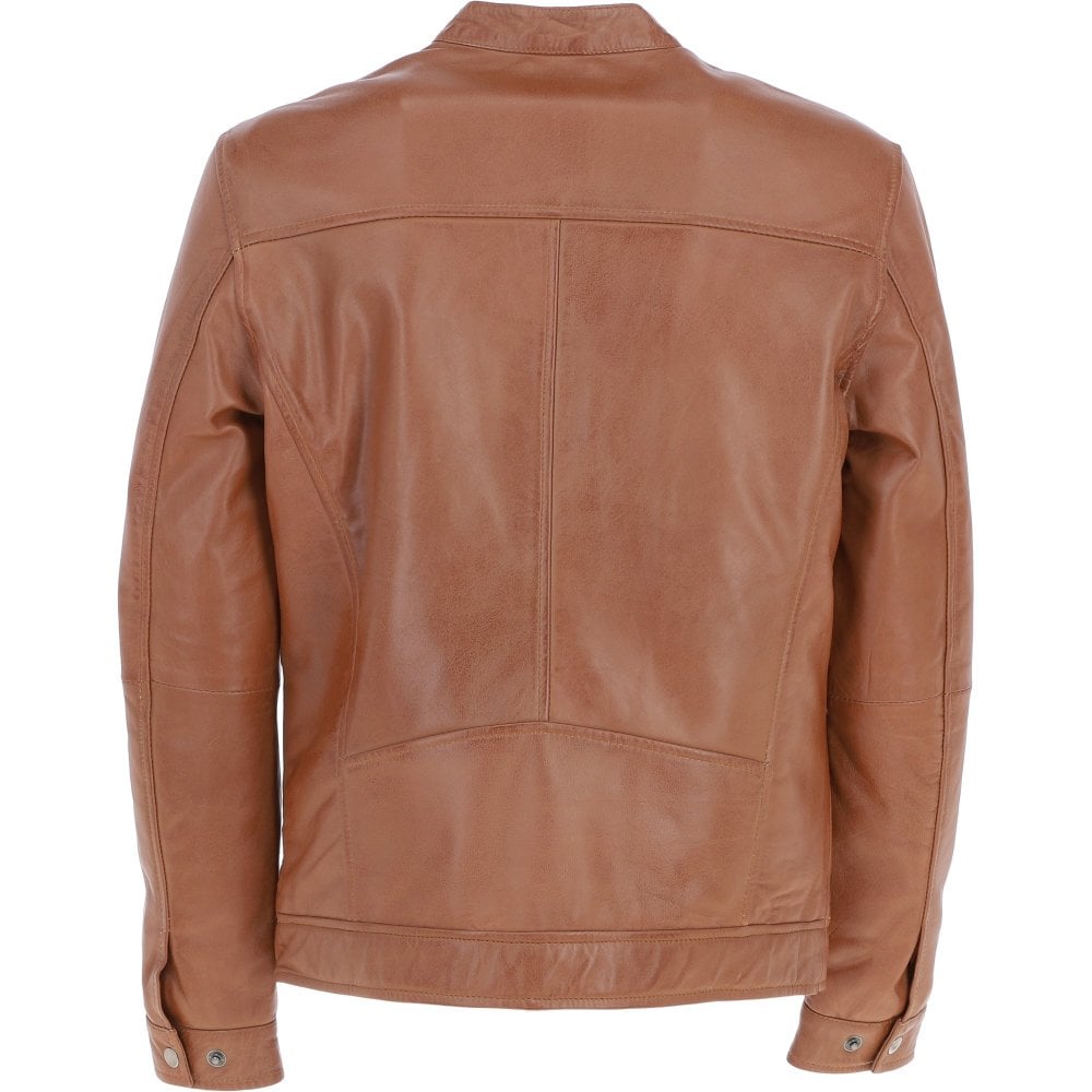 Men’s Tan Leather Biker Jacket Mandarin Collar