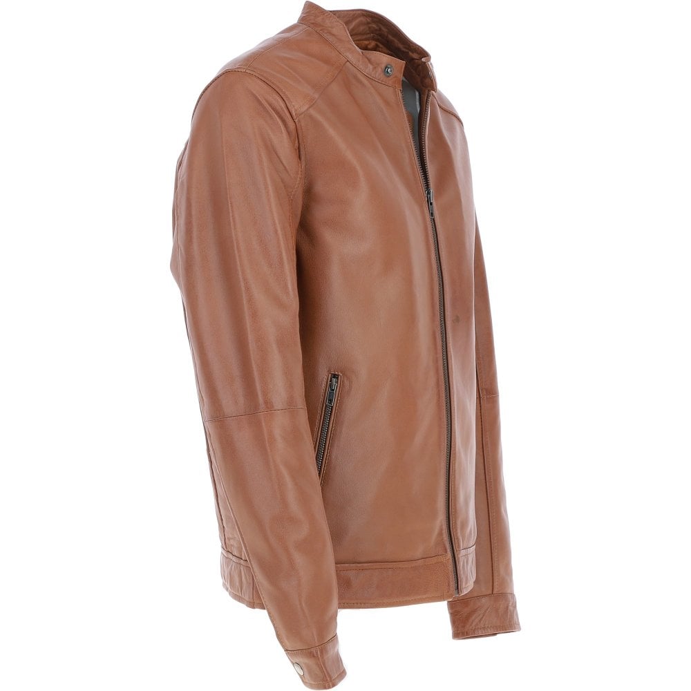 Men’s Tan Leather Biker Jacket Mandarin Collar