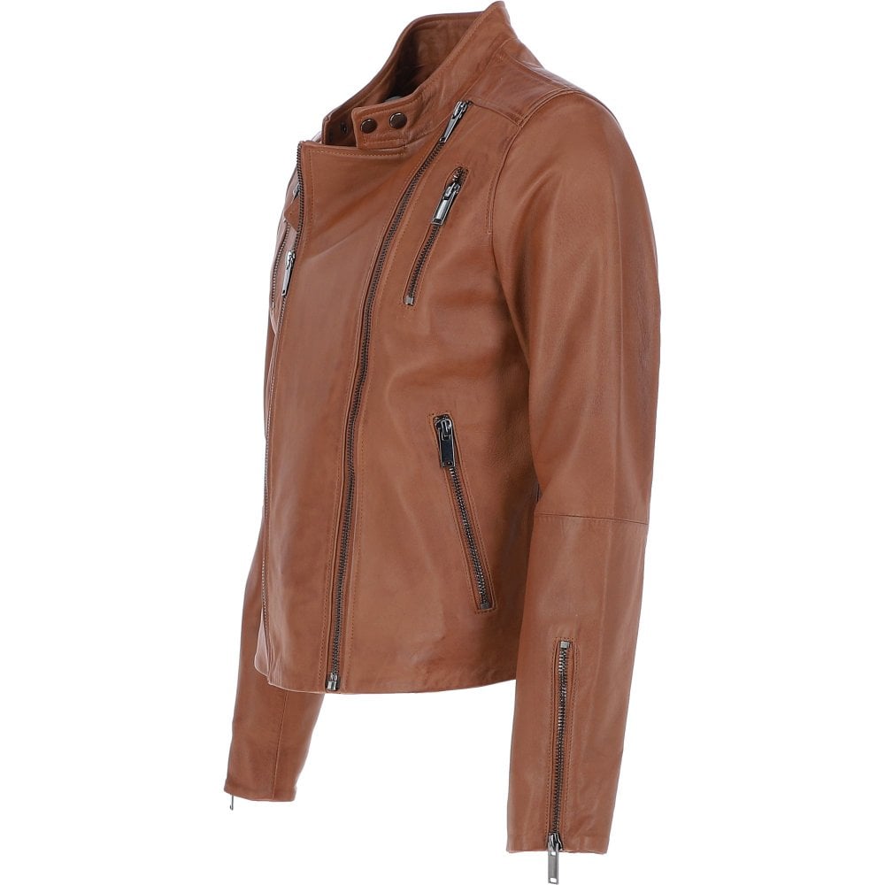 Men’s Tan Leather Side Zip Biker Jacket