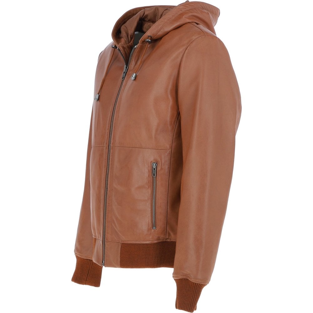 Men’s Leather Hooded Jacket Cognac Super Bomber